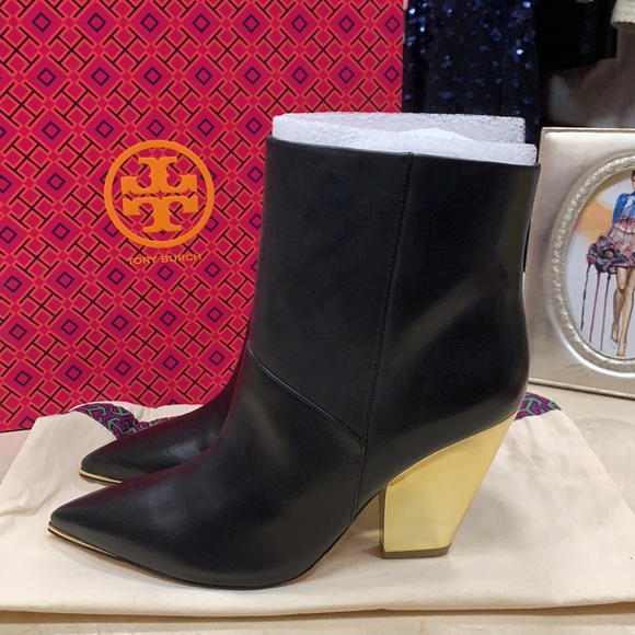 TORY BURCH LILA BLACK CALF LEATHER ANKLE BOOTIE WITH A GOLD SLANTED BLOCK HEEL - Picture 2 of 11